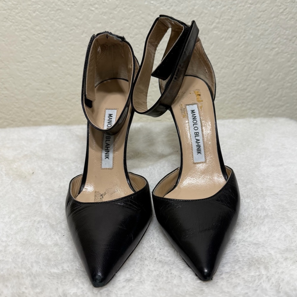 Manolo Blahnik d’Orsay Pump Black Leather Pointed Toe Ankle Strap Size 35 1/2 - Picture 14 of 16
